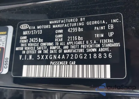 2013 Kia Optima Ex z USA, uszkodzony, nr VIN 5XXGN4A72DG218836